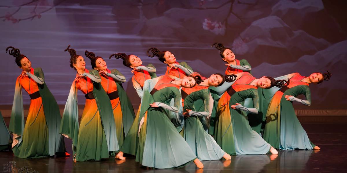 Traditional Chinese folk dancers on a stage